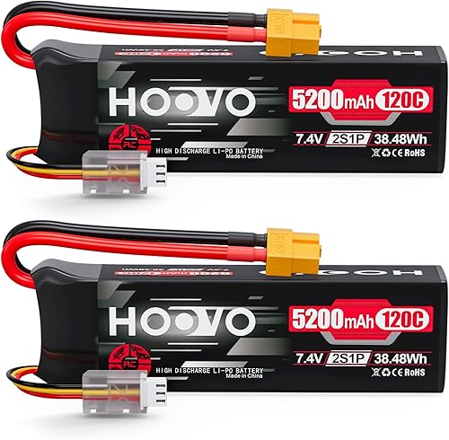 HOOVO Batería Lipo 2S, 7.4V 5200mAh 120C Paquete de batería RC, estuche blando con enchufe XT60 para coche RC, camión, Buggy Crawler, avión, barco,