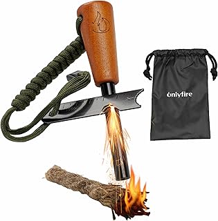 onlyfire Fire Starter Survival Tool, Ferro Rod Kit with Tinder Wick, Pouch, Waterproof Flint and Steel Fire Starter for Camping, Hiking and Backpacking Gear