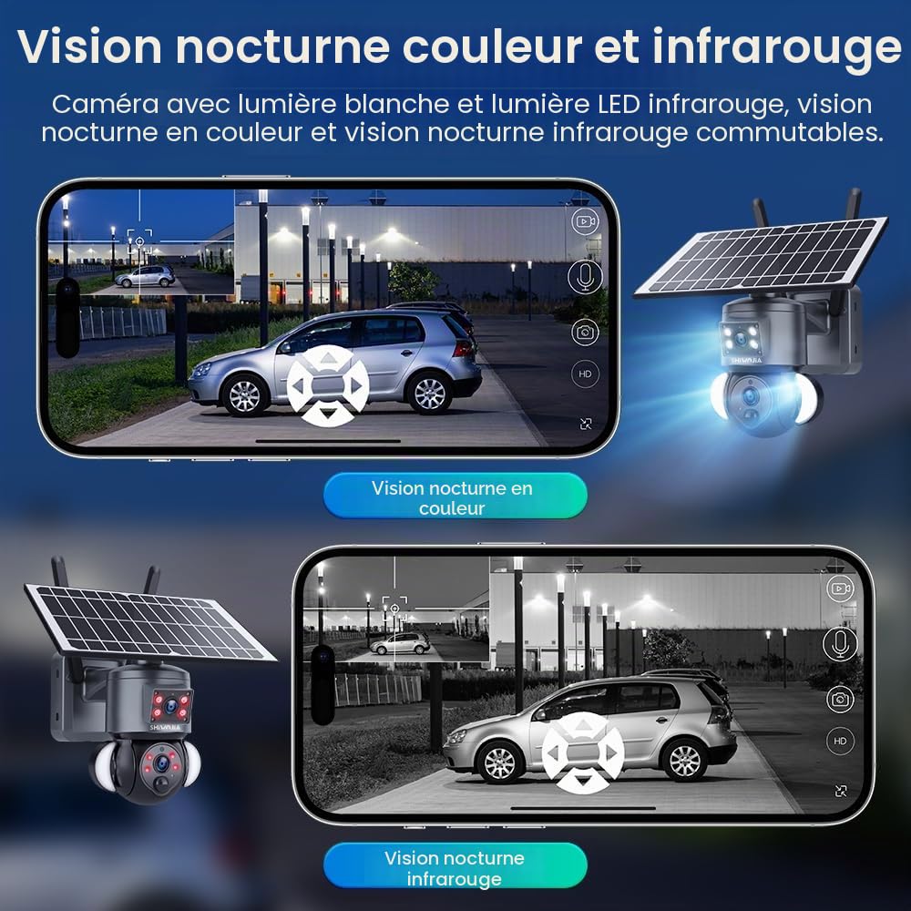 SHIWOJIA Camera Solaire Exterieur WiFi sans Fil, 6MP Double Objectif Camera Surveillance Exterieure, Détection Humaine Vision Nocturne Couleur Audio Bidirectionnel, Batterie + Panneau Solaire