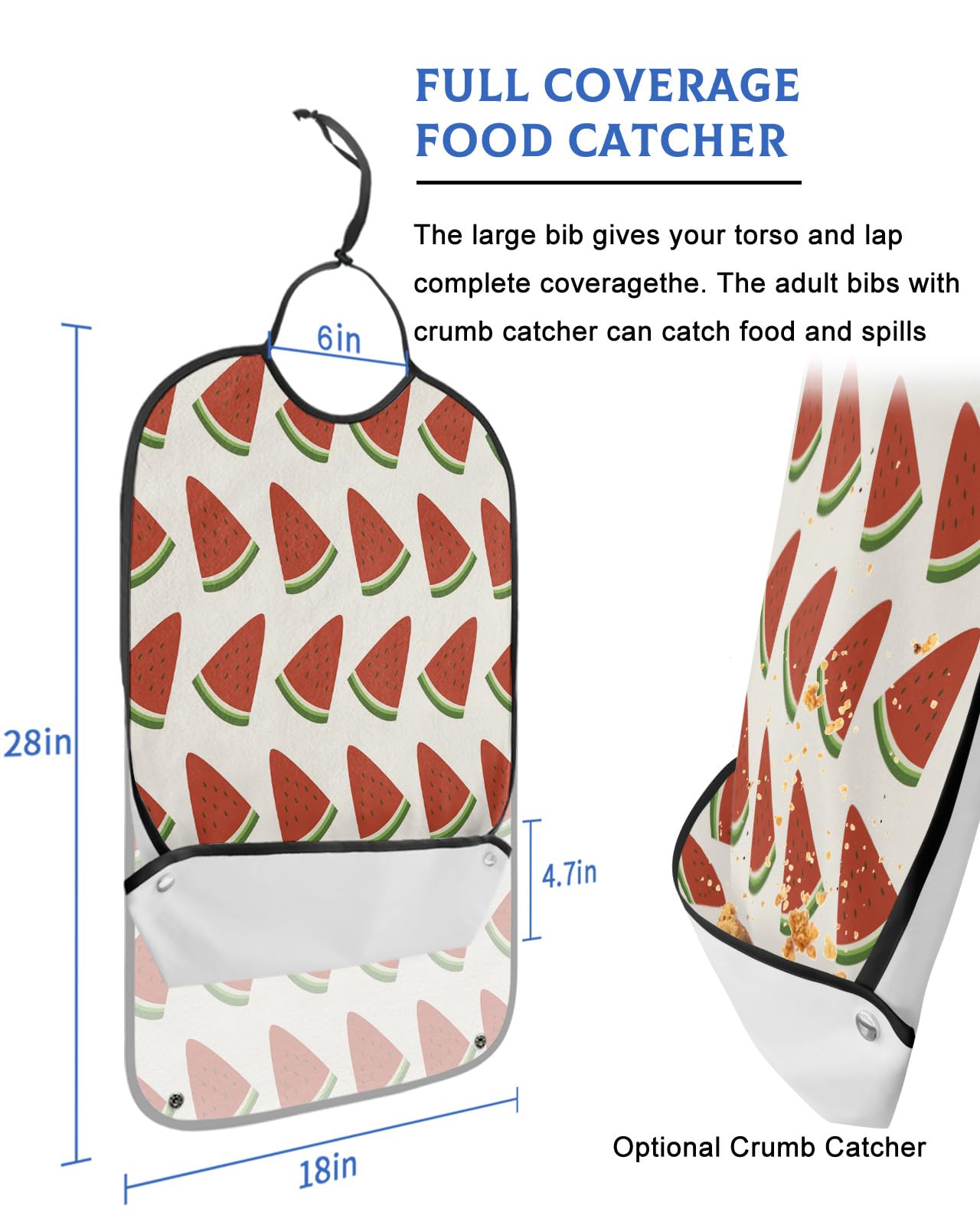 LEOKOTI Summer Watermelon Adult Bibs for Eating, Waterproof Bibs with Food Catcher & Adjustable Snap Closure, Tropical Red Fruit Filling Washable Clothing Protectors Adult Bibs for Elderly Women/Men