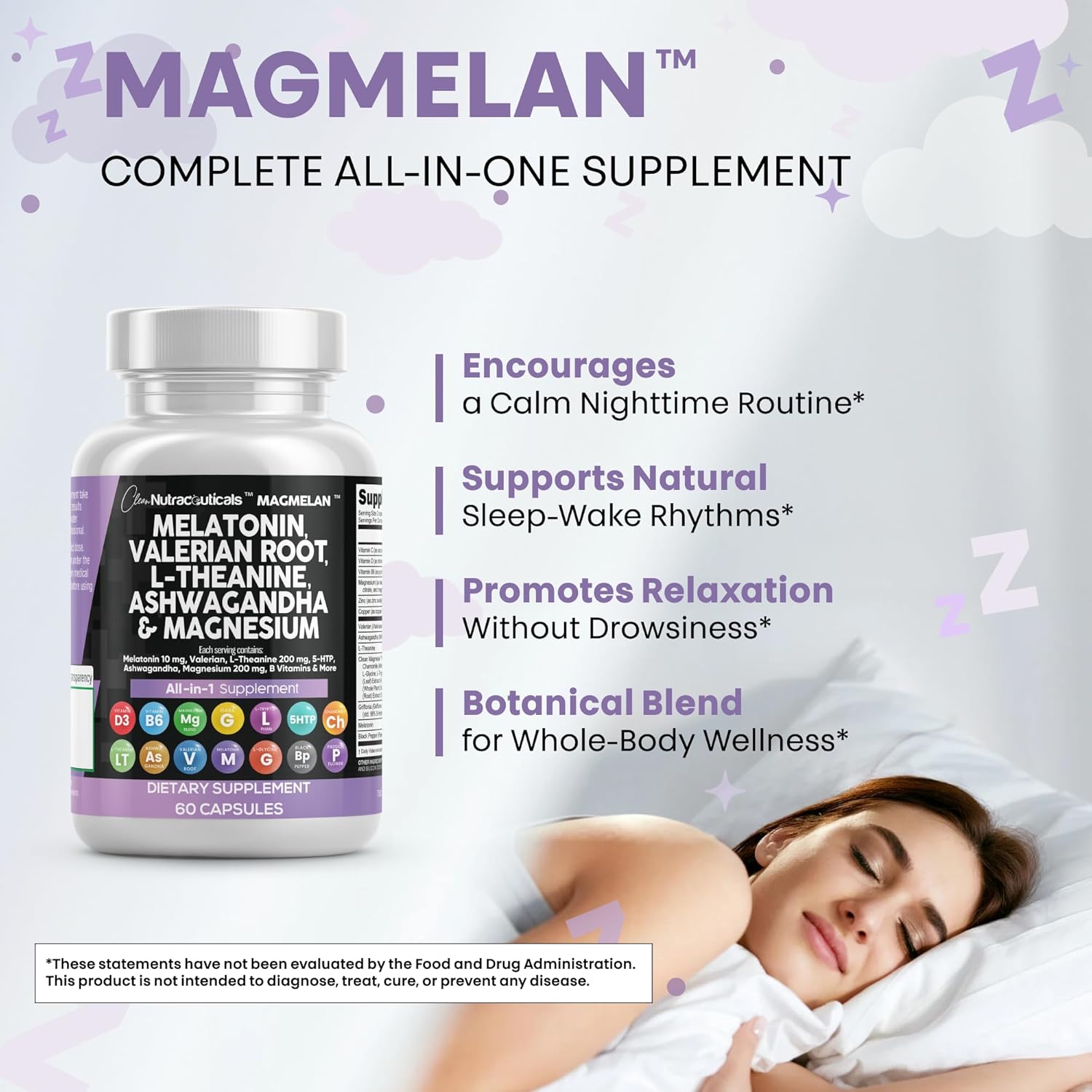 Clean Nutraceuticals Melatonin 10mg Valerian Root L Theanine 200mg Ashwagandha - Sleep Support for Women & Men with Magnesium Complex, Lemon Balm, Chamomile, & Passion Flower - 60 Caps - Image 6
