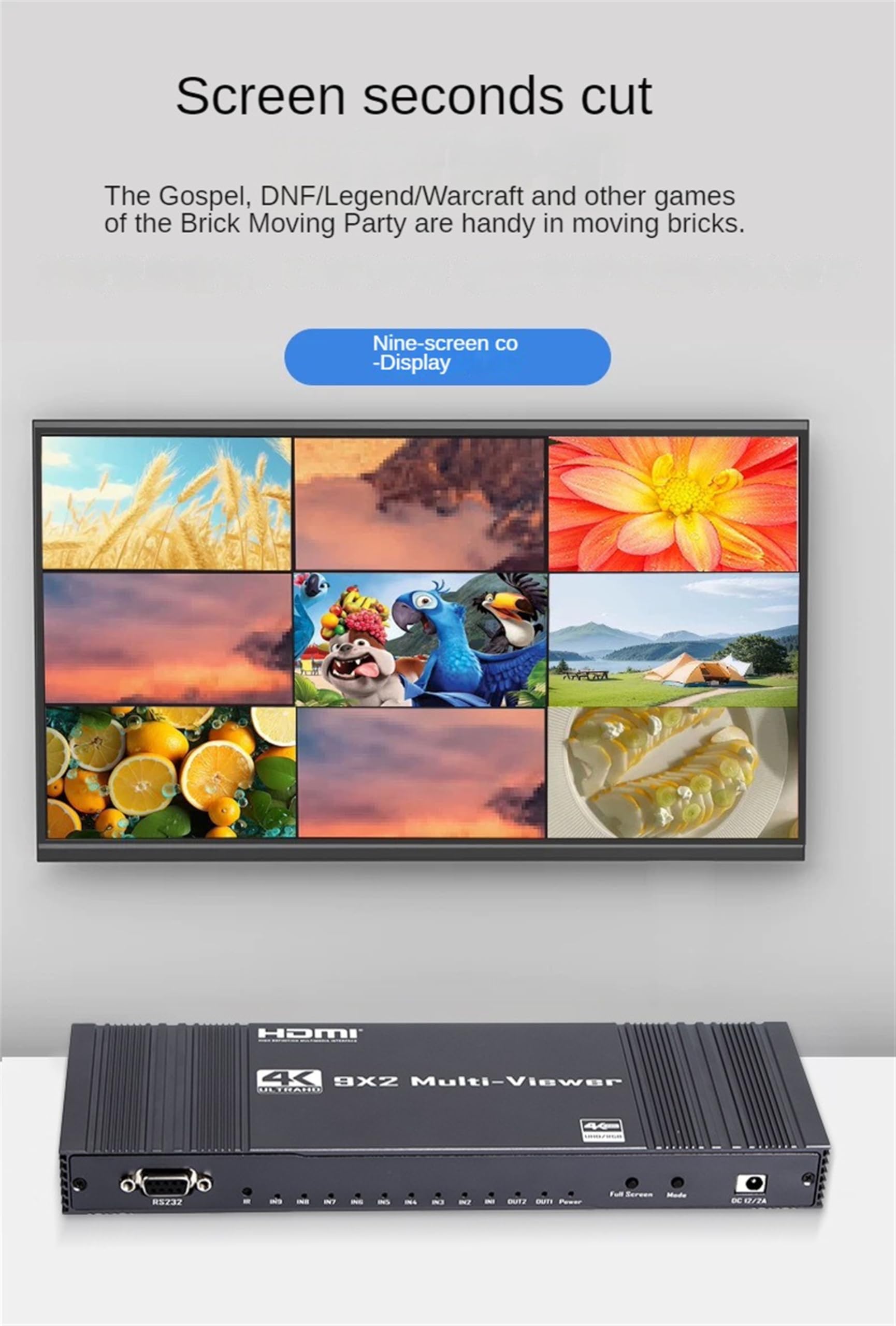 Interruttore multiviewer HDMI 9x2, multiviewer compatibile senza interruzioni, multiviewer in tempo reale 4K30Hz HDMI a 9 schermi, splitter schermo, adattatore di commutazione 9 ingressi 2 uscite