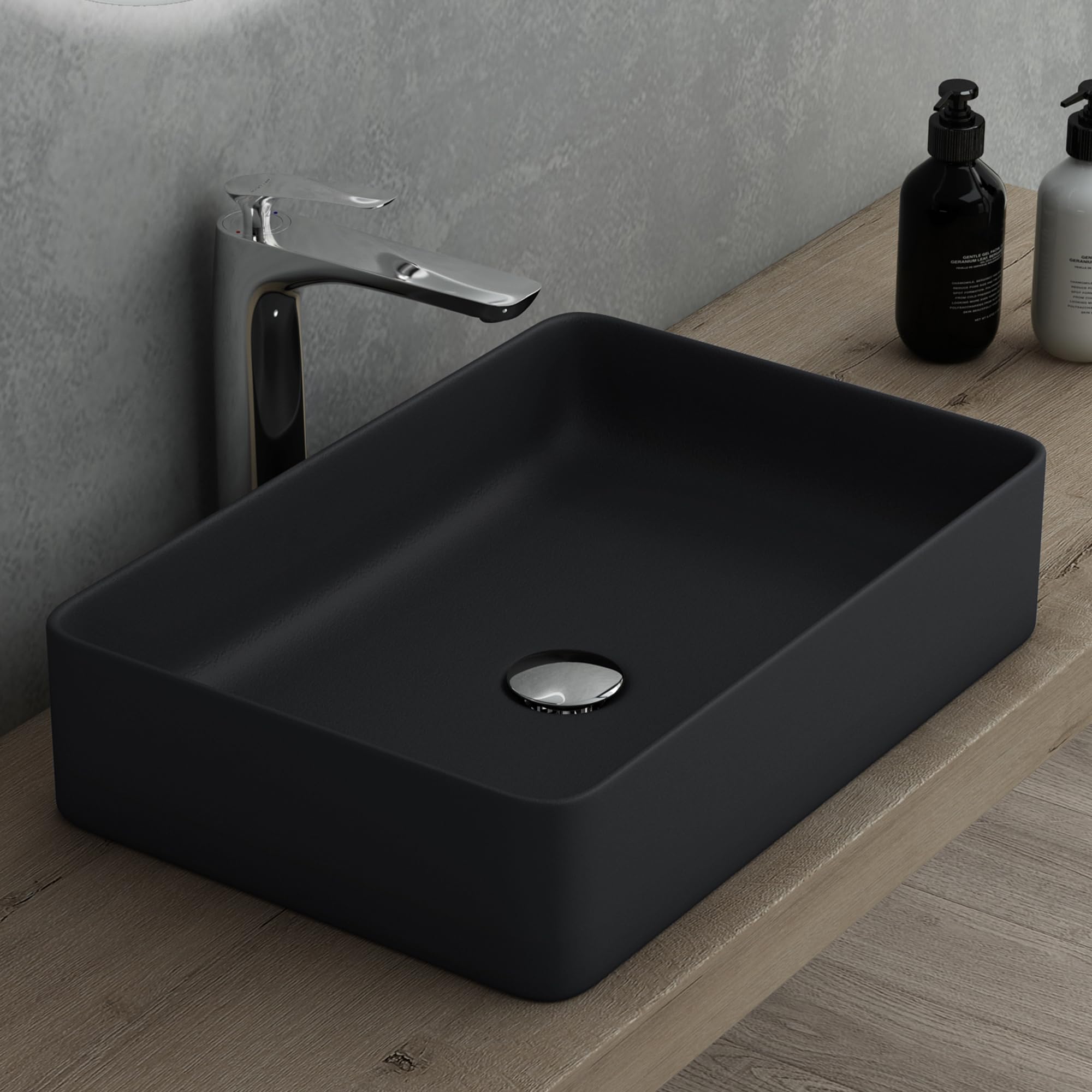 Mai & Mai Bathroom Sink Countertop Basin Wash Basin | Rectangular Ceramic Matt Black | Bathroom Vessel Sink | WDH: 58x38x13cm | Nano-Coating Brüssel105D