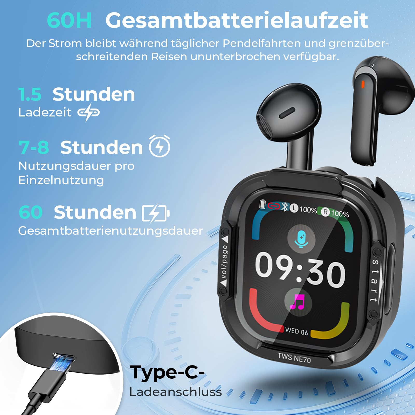 NE70 KI Übersetzer Kopfhörer mit LCD, 150 Sprachen, Bluetooth 6.0, 60 Std Akkulaufzeit