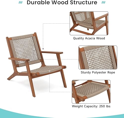 Miniatura 4 de Verano Garden Juego de 2 sillas de patio, sillón moderno de madera de acacia con cuerda tejida a mano para patio, sala de estar, dormitorio, balcón