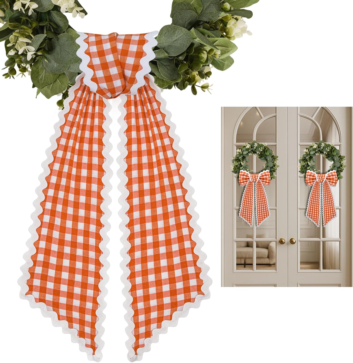 2 Pcs Orange and White Plaid Wreath Sash for Front Door Scalloped Ribbon Sash for Home Yard Outdoor Indoor Doorway Decor