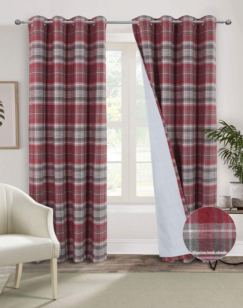 always4u Red Check Curtains Eyelet Ring Top Highland Tartan Curtain for Living Room Bedroom Burgundy Checked Fully Lined Pair of 46 * 54 Inches