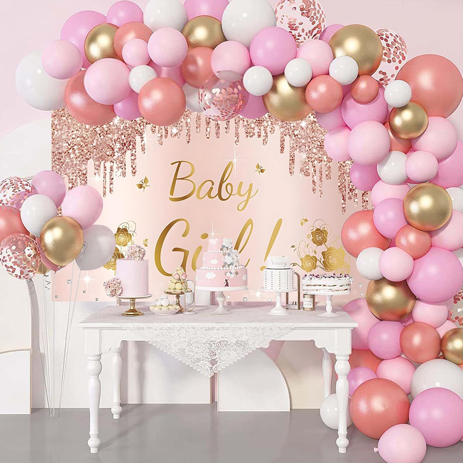 3x2m Telón de Fondo Baby Shower Rosa Oro Rosa Niña Póster Fotografía Fondo Recién Nacido Baby Shower Decoraciones de Fiesta Banner Photo Booth Props