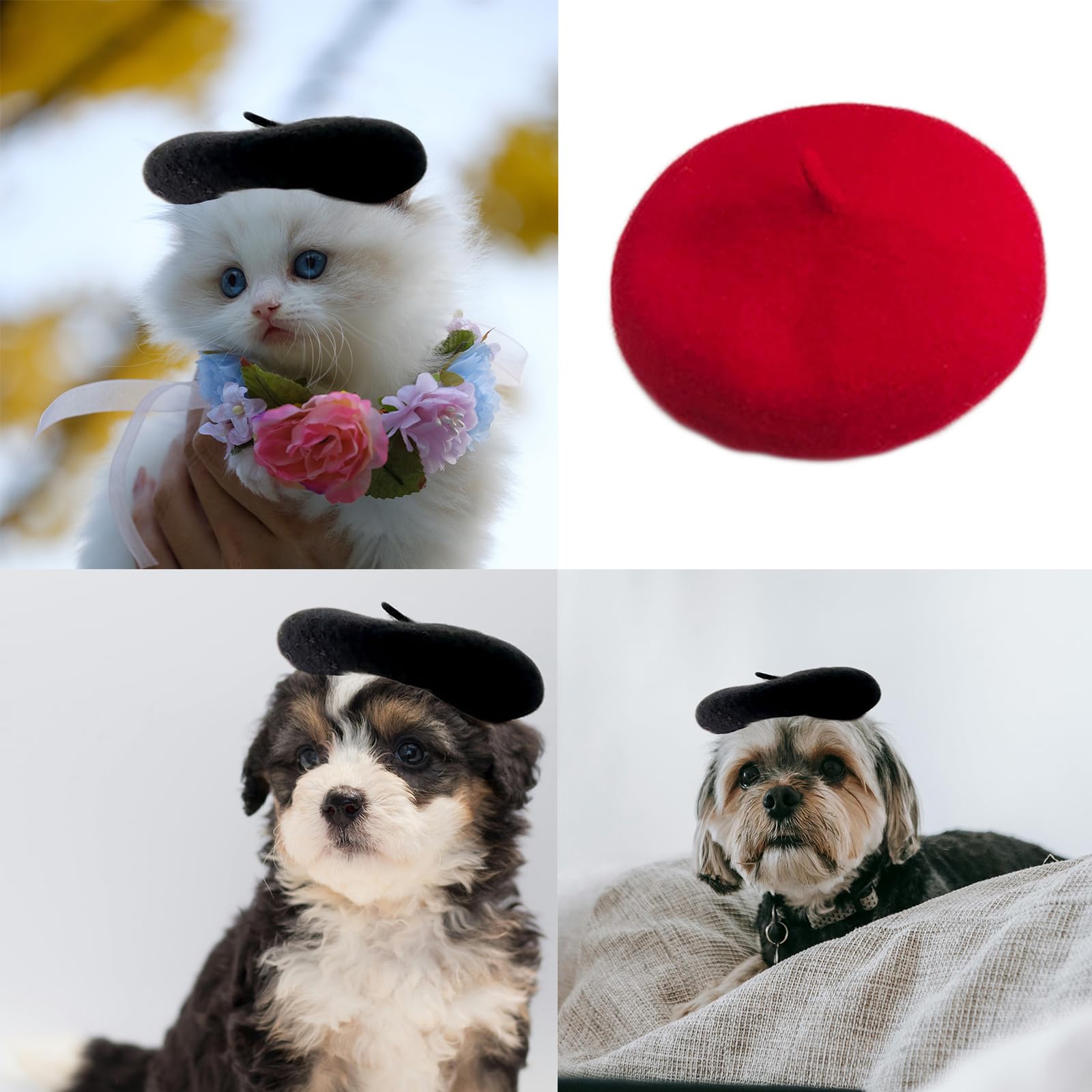 Boina de lana para perro y gato, lindo gorro de orejeras para perro, diadema, boina francesa para perro, gato, disfraz de Navidad, accesorio para el pelo, accesorios para fotos (rojo, talla única)