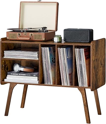 Lerliuo - Soporte para tocadiscos con 4 gabinetes que almacena hasta 220 álbumes, mesa grande para tocadiscos con patas de madera de haya, mesa para