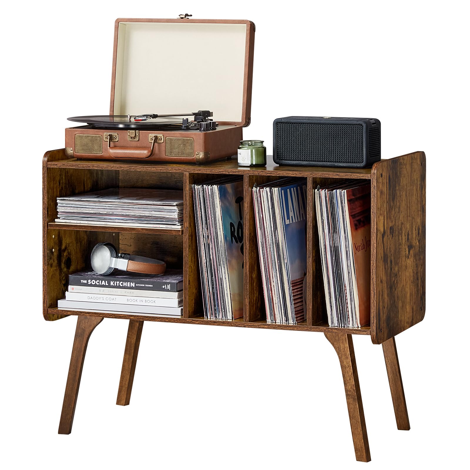 Lerliuo Record Player Stand with 4 Cabinet Up to 220 Albums,Retro Brown