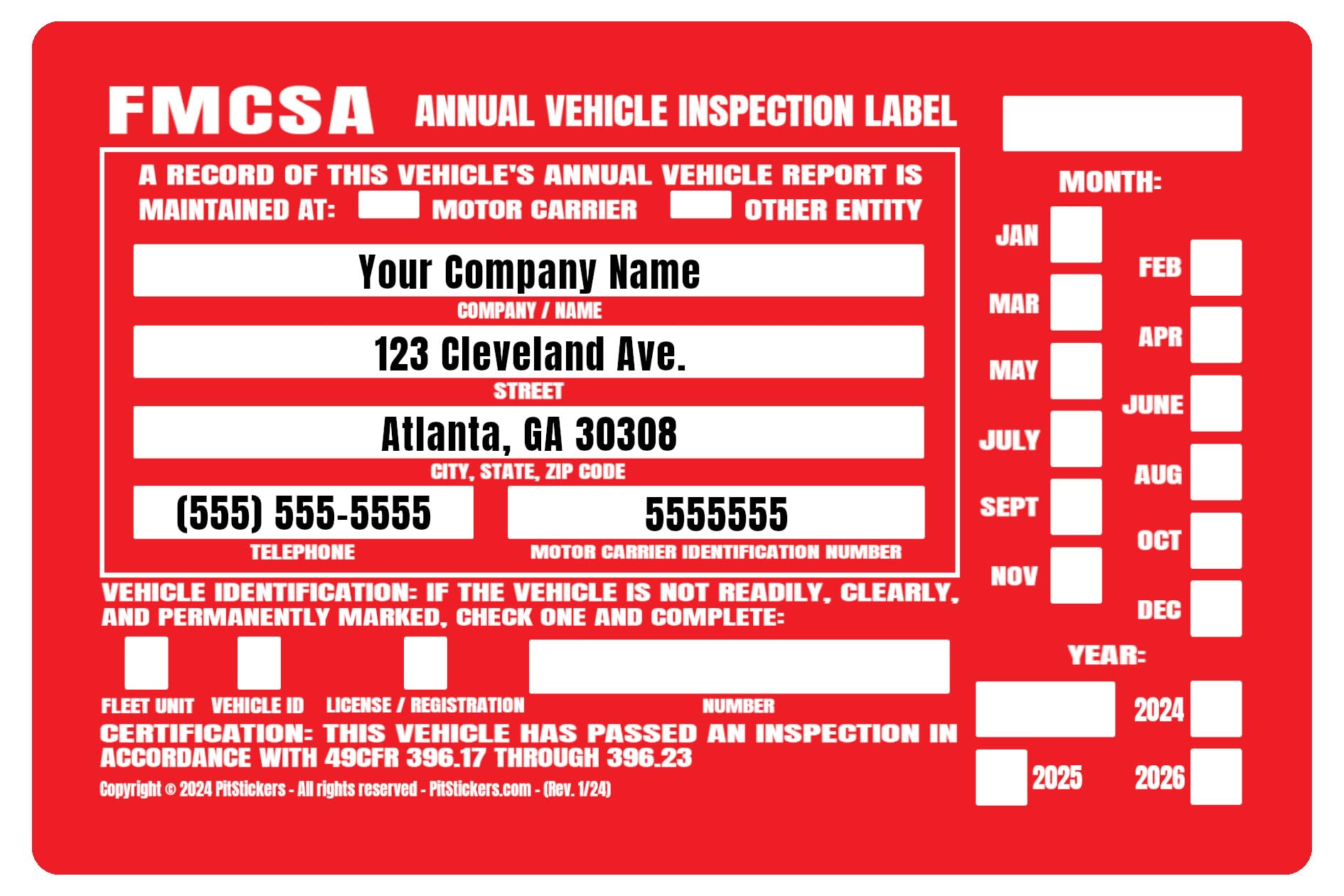 Personalized Annual DOT FMCSA Vehicle Inspection Decal - Pre-filled With Your Info - Red 50 Pack