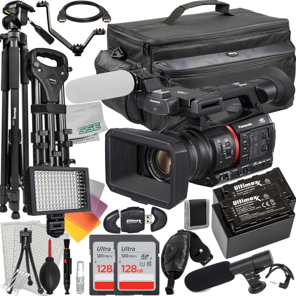 Ultimaxx Deluxe Bundle + Panasonic AG-CX350 4K Camcorder + 2X SanDisk 128GB Ultra SDXC, 2X Spare Batteries, 160 LED Video Light, 80” Tripod/Monopod, Retractable Tripod Dolly & Much More (30pc Bundle)