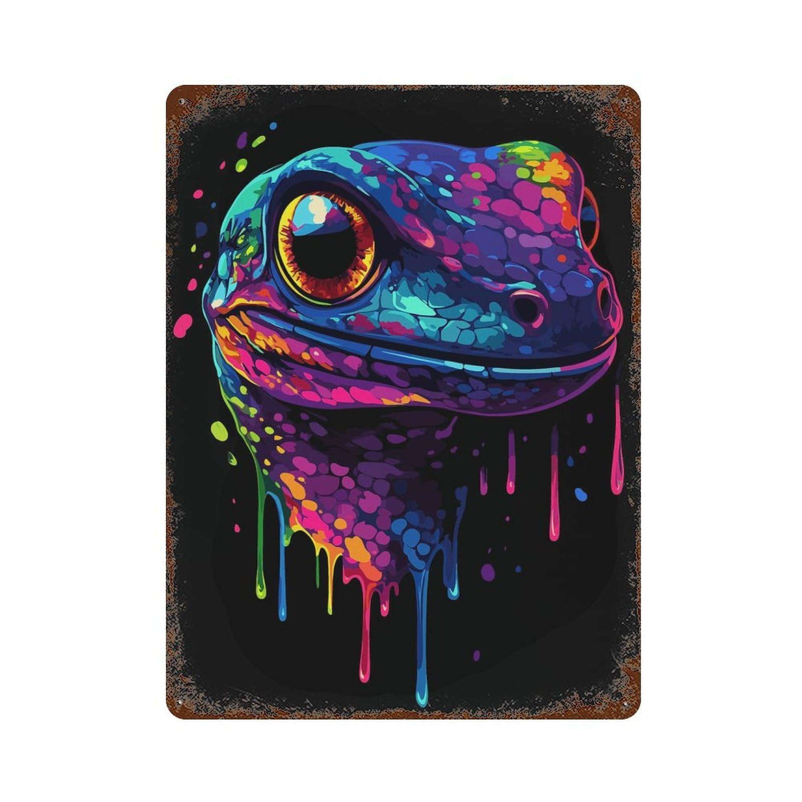 Colorful Gecko - Neon Geck Weathered Tin Sign 15.7"x11.8", Ideal for Basement, Hobby Room And Garage Decor