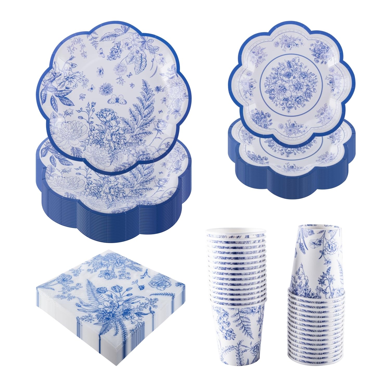 Stoviglie Eleganti In Cartone Blu E Bianco Per 30 Ospiti – Set Completo Con Piatti Piani, Piatti Da Torta, Tovaglioli E Bicchieri – Design Porcellana Vintage