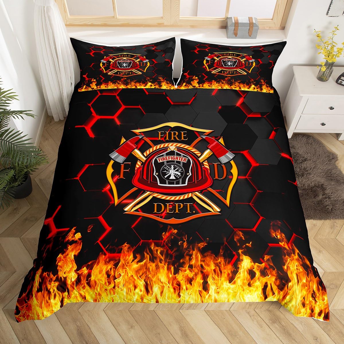 Housse de couette camion de pompier nid d'abeille, le cadeau parfait pour chambre d'enfant