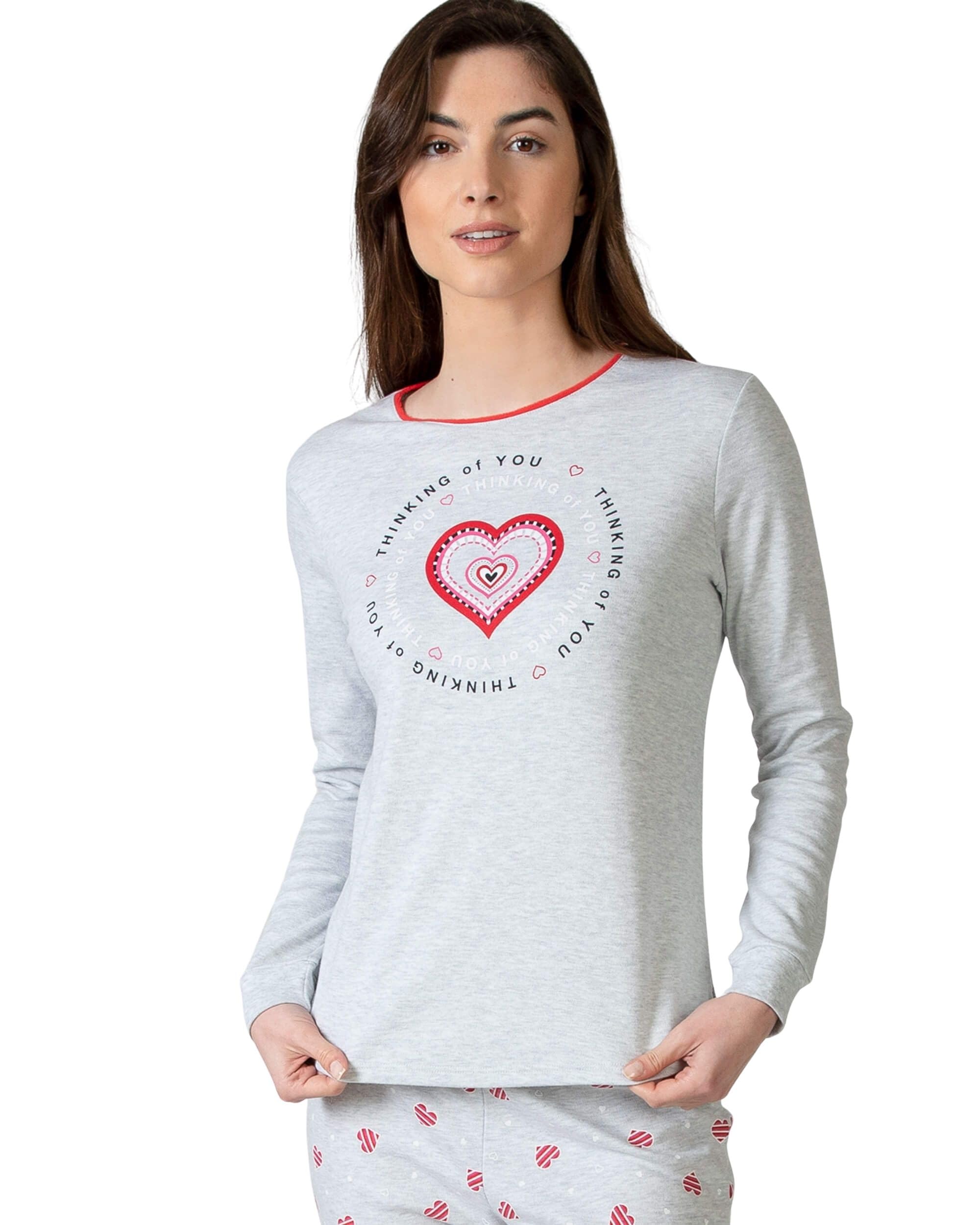 MASSANA Pijama de Invierno para Mujer P751206, Conjunto de Manga Larga con Estampado de Corazones, Gris y Rojo, 50% Algodón 50% Poliéster