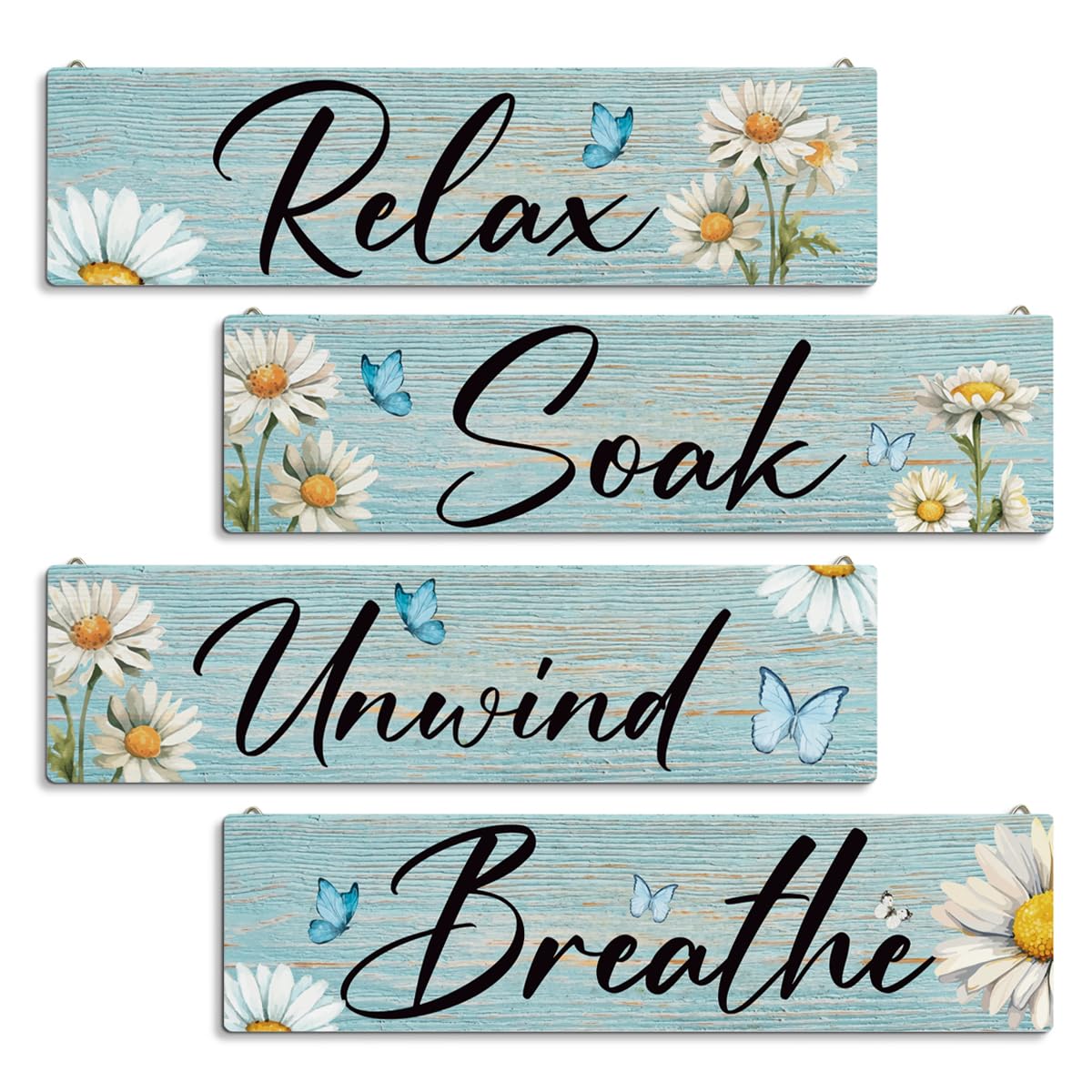 4-Piece Daisy & Butterfly Wall Art - Bathroom Decor, Relax Signs for Home Spa