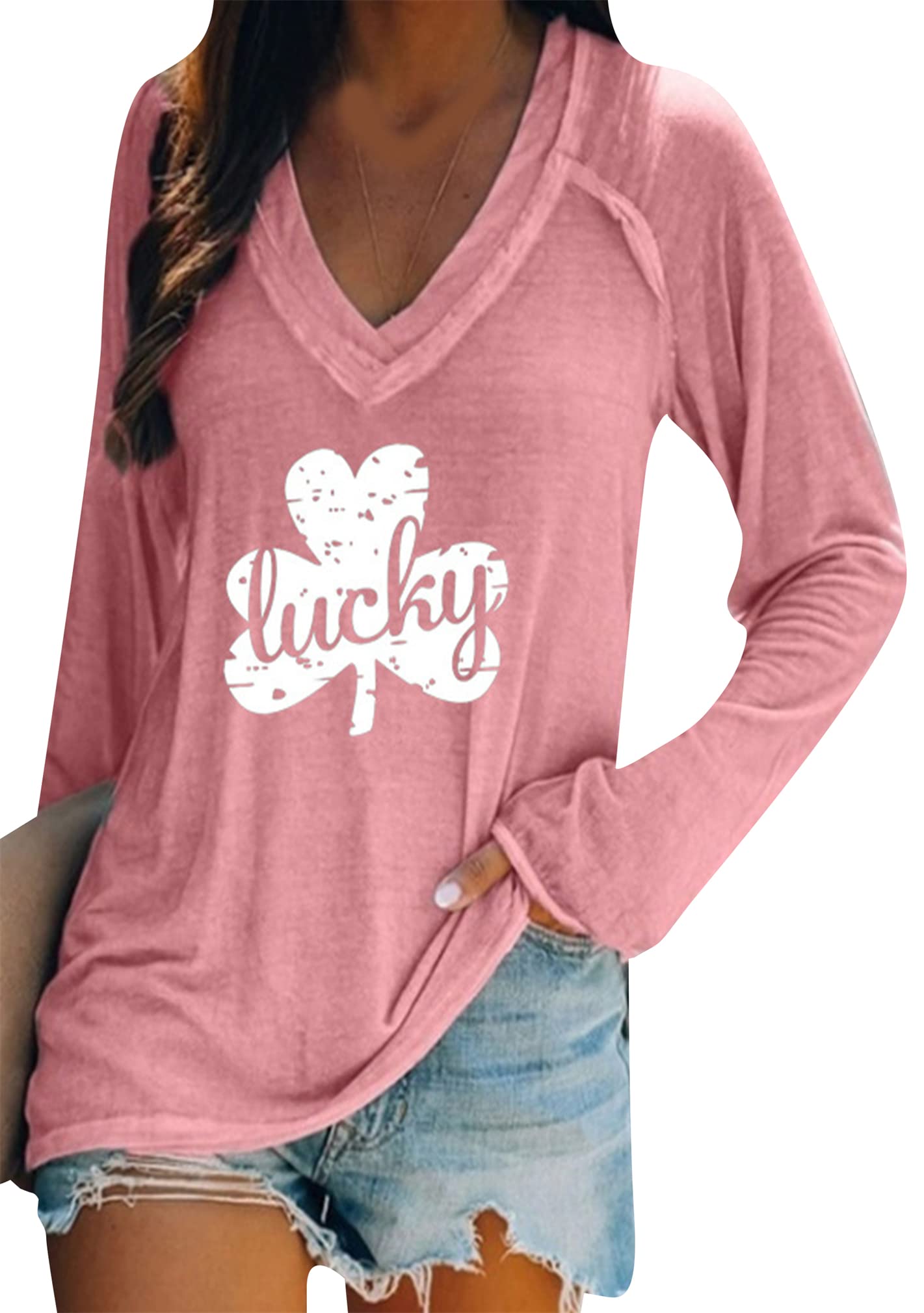 BOFETA Women St Patricks Day Sweatshirts Loose Long Sleeve Shirts Green Shamrock Print Blouse Flowy Color Block Pullover Tops