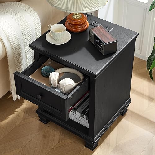 Miniatura 5 de Juego de 2 mesas auxiliares de granja con estación de carga, mesa auxiliar de madera rústica con cajón, mesitas de noche pequeñas con estante