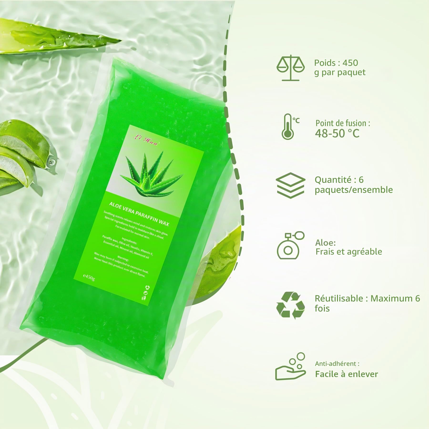 6 Packs Cire de paraffine, 2700g Recharge Aloe vera Blocs de cire de paraffine pour bain de paraffine mains et pieds, Soulage la fatigue musculaire, Hydrate et Nourrit