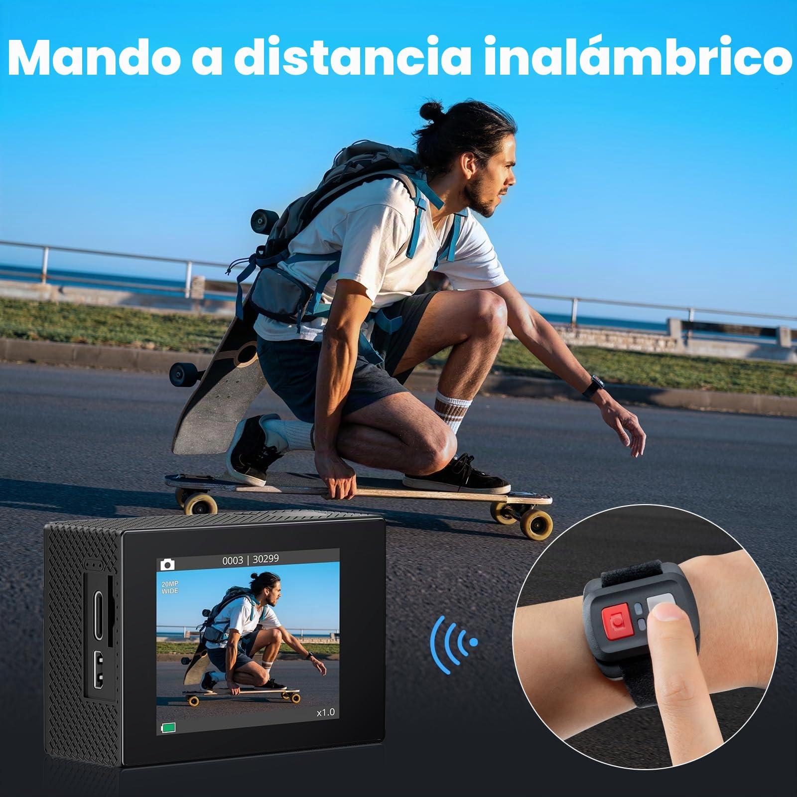 AKASO EK7000 - Cámara de acción 4 K, WiFi, Impermeable, 30 m, con Tarjeta de 64 GB, cámara subacuática WiFi de 20 MP, micrófono Externo, Mando a Distancia, 2 baterías de 1050 mAh, Accesorios para | Con EIS, funda impermeable hasta 30 m, mando a distancia,