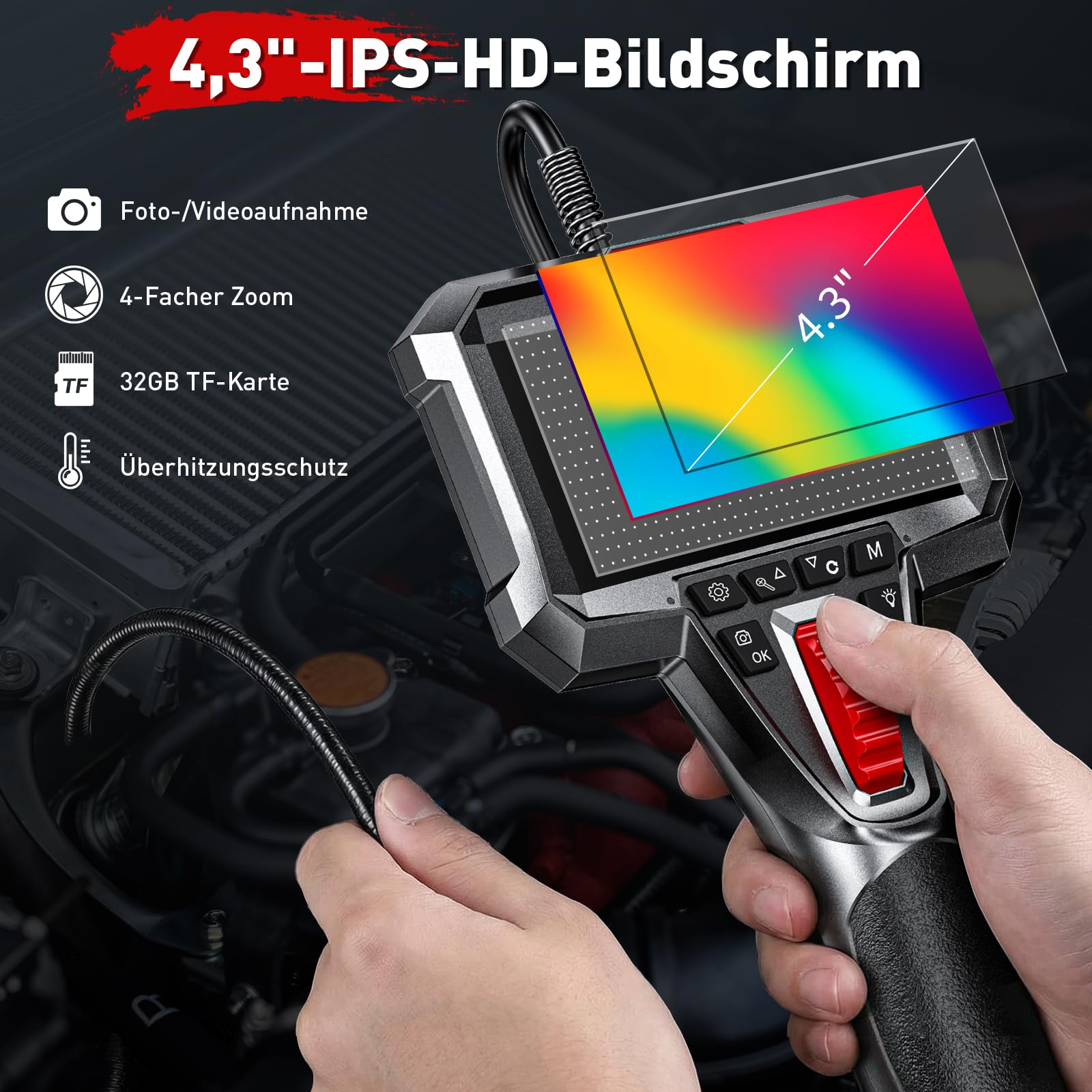 Endoskopkamera mit Licht, Rohrkamera mit 6,2mm Beweglichem Kopf | 210° Drehbar Inspektionskamera, 4,3" IPS-Bildschirm, IP67 Wasserdicht, 32GB Karte, für KFZ, Motor, Rohre und Werkstatt