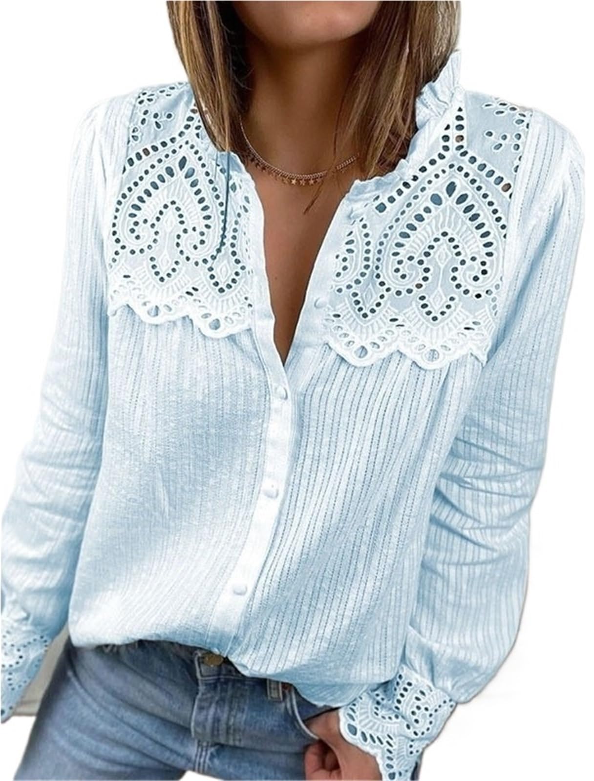 Camicie Donna Camicia in Pizzo Bianco Traforato alla Moda da Donna, Manica Lunga, Colletto Alto, Casual, Elegante, Monopetto, Blusas Bianche(Pink,XL)