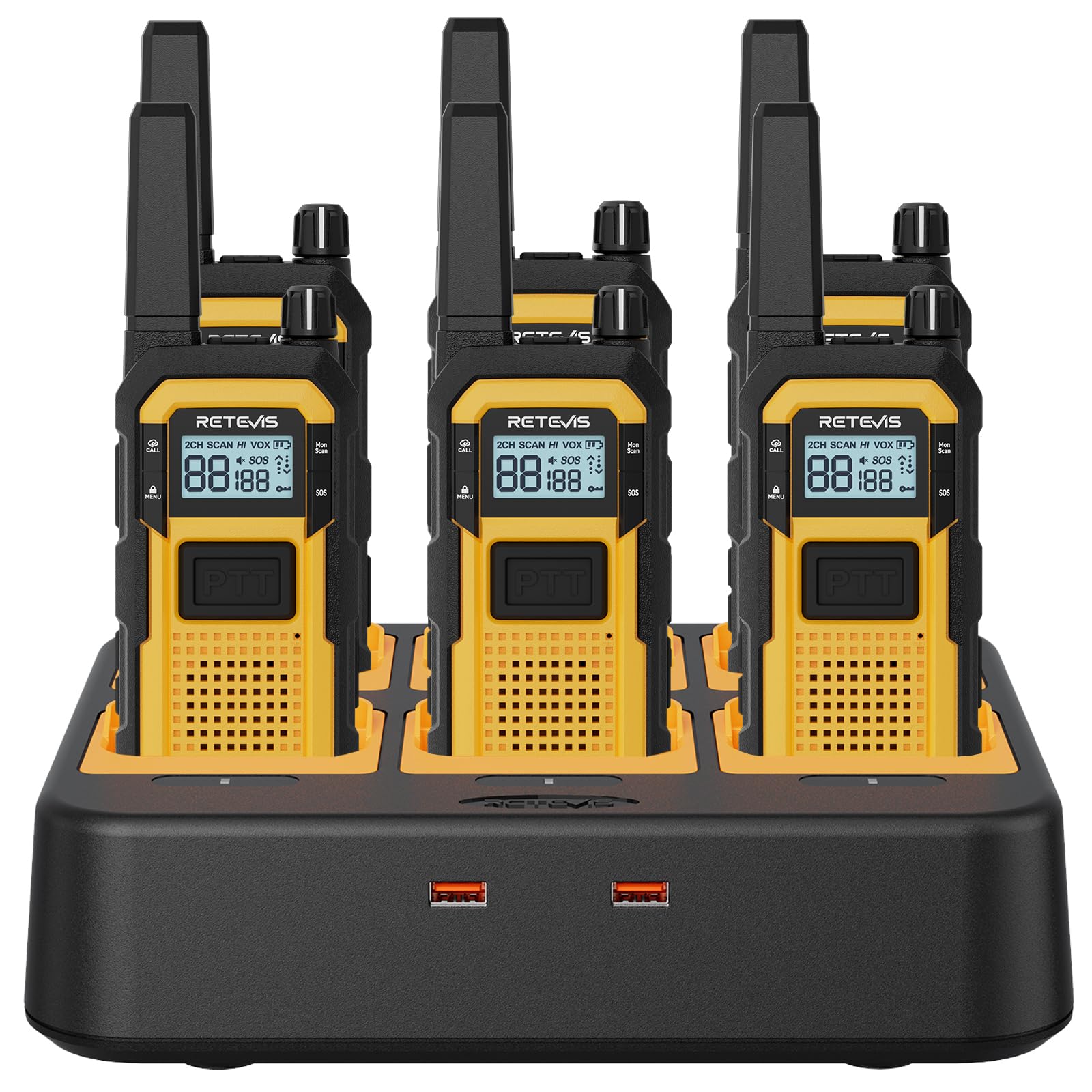 Retevis RB48 Walkie Talkies for Adults, Heavy Duty 2 Way Radios Long Range with Six-Way Charger, IP67 Waterproof, Shock Resistant, Dual PTT, 2000mAh,MIL-STD-810H, for Jobsite Construction(6 Pack) - 1