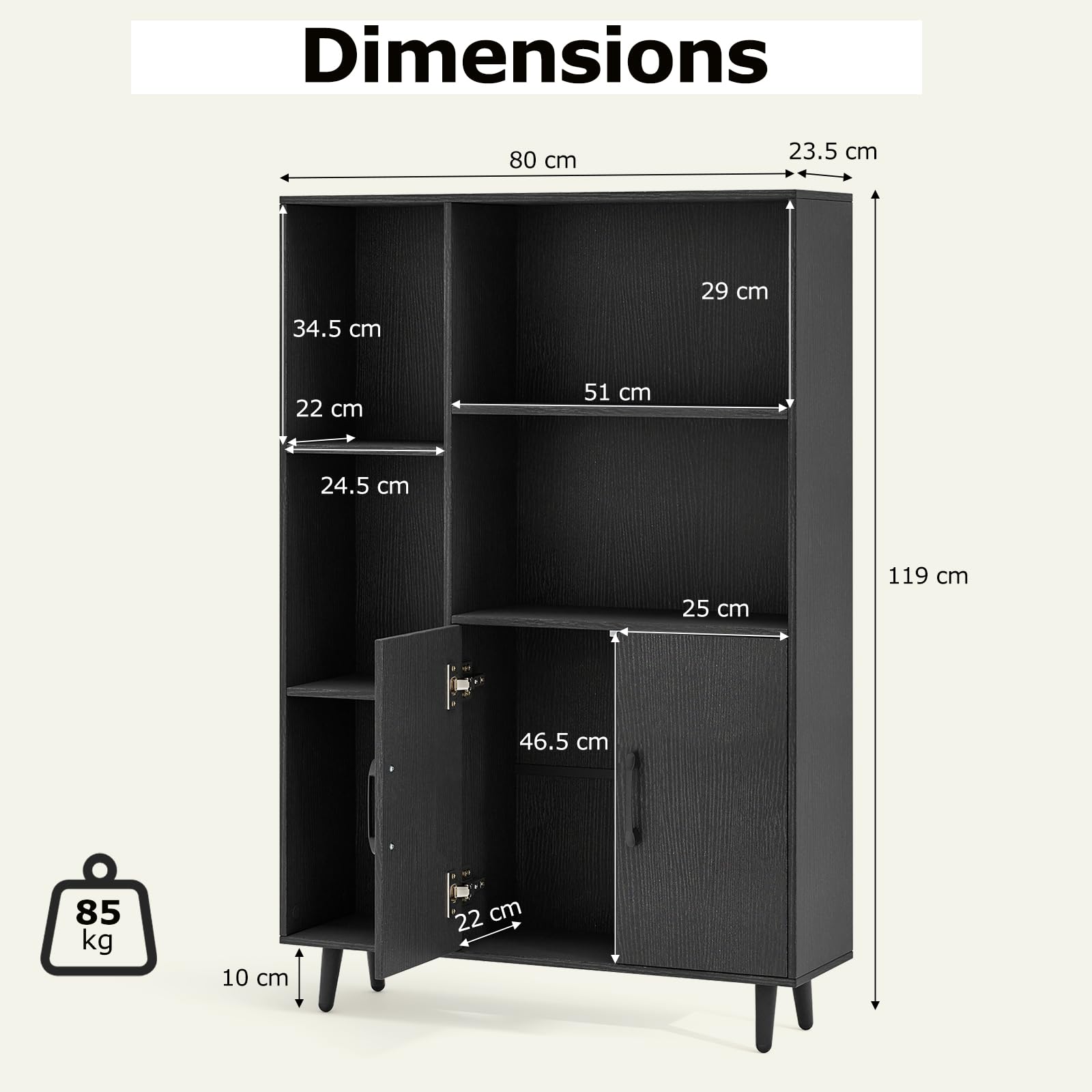 GIANTEX Armoire de Rangement, bibliothèque, étagère sur Pied, 2 Portes et 5 Compartiments Ouverts, Armoire d'appoint, vitrine, Commode, en Bois, 80 x 23,5 x 119 cm (Noir)