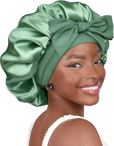 YANIBEST Gorro de satén de seda para dormir, gorro de doble capa con forro de satén con banda de amarre para mujer, cabello rizado natural