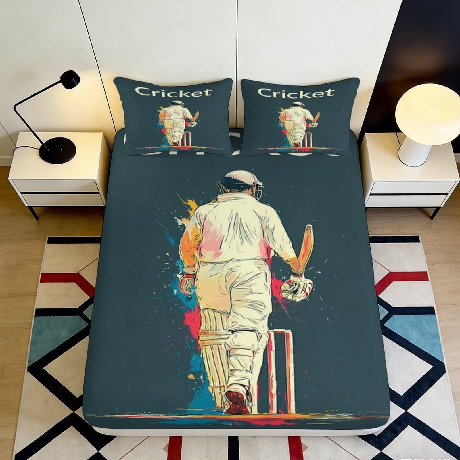 3D Printed Cricket Player Fitted Sheet Microfiber Soft Breathable Sports Design Bed Sheet for Bedroom Dormitory Guest Room Mattress Protection 120x200x25cm