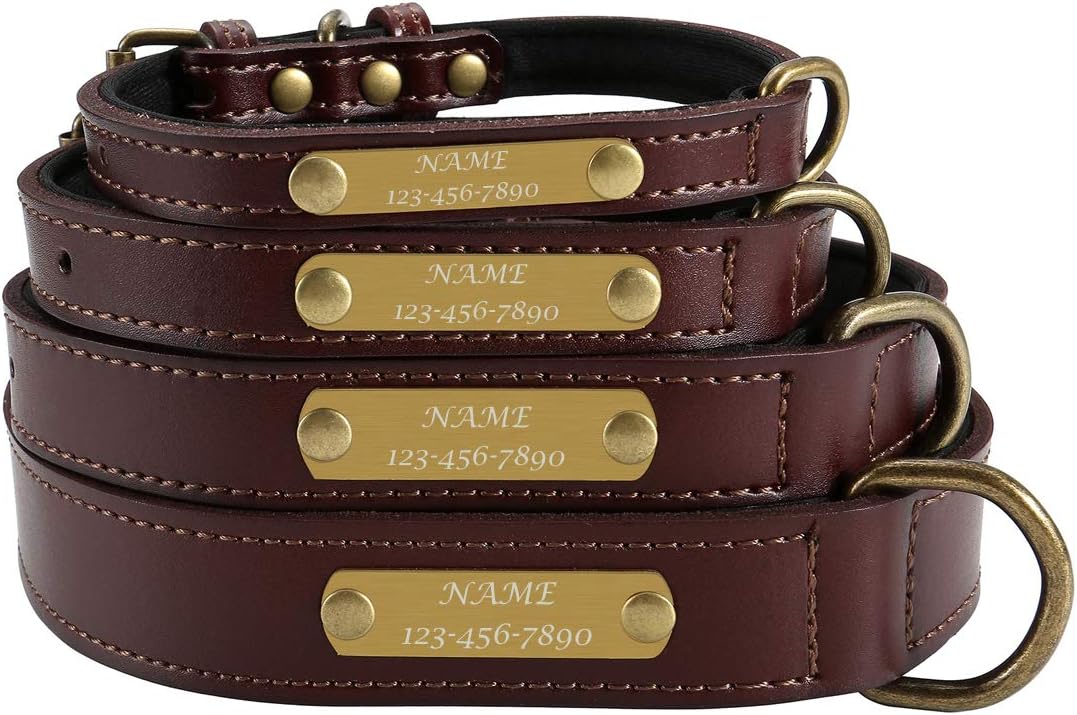Filhome Custom Personalized Leather Dog Collar with ID Name Phone Number Engraved, Brown Adjustable Leather Dog Puppies Collar…
