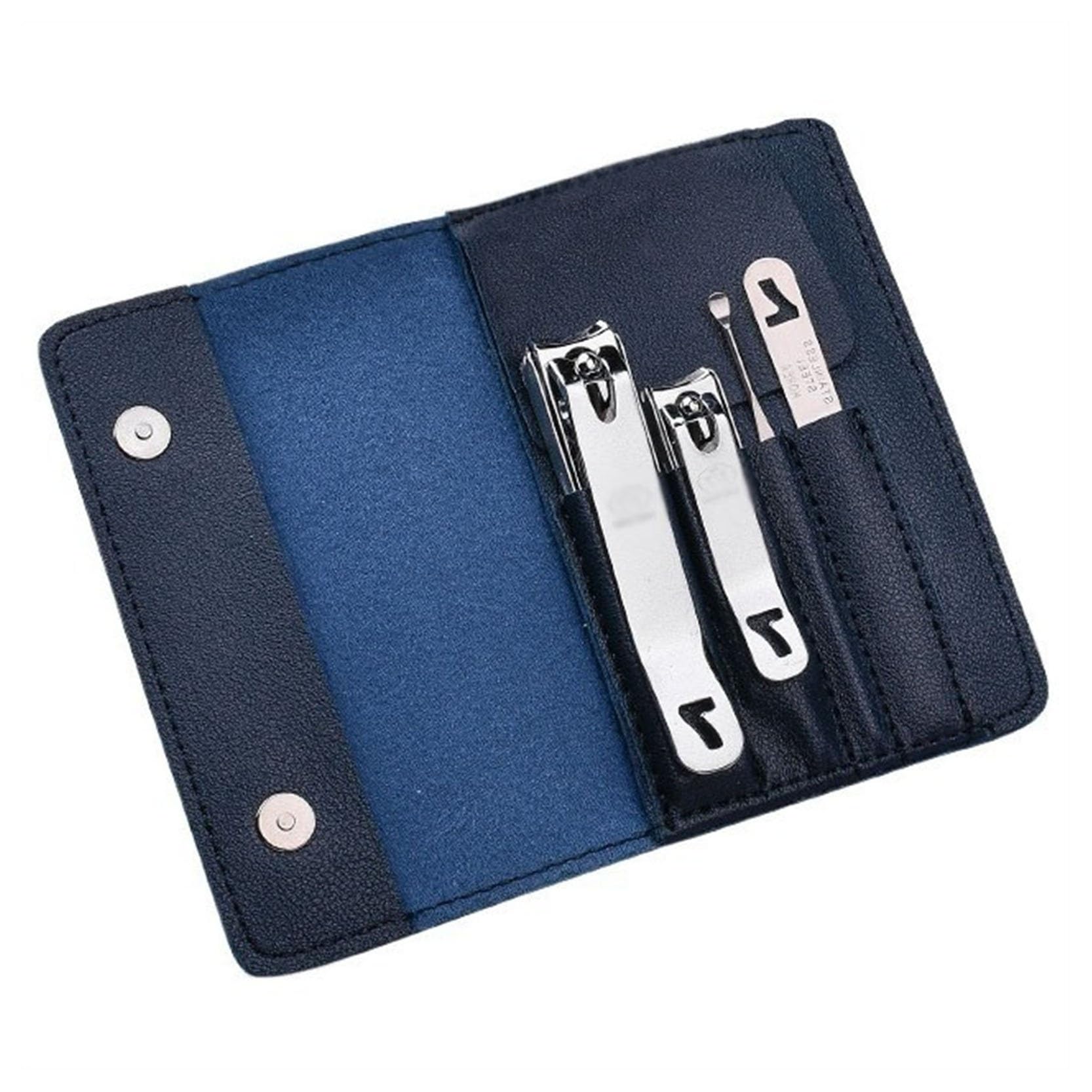 Kit per Manicure da 5 Pezzi, Set di tagliaunghie per Uomo, Kit Professionale per Manicure, Strumenti Portatili in Acciaio al Carbonio con Custodia da Viaggio in Pelle Blu.