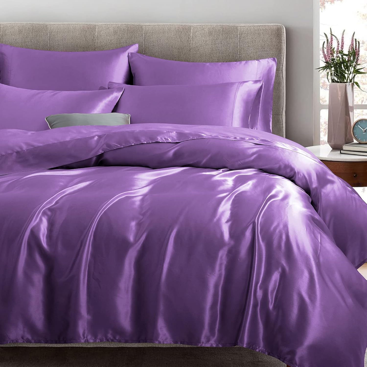 TREELY 6 Piece Satin Sheets Full Size Silky Smooth Lavender Sheet Set with Deep Pocket, Fitted Sheet, Flat Sheet, 4 Pillowcases