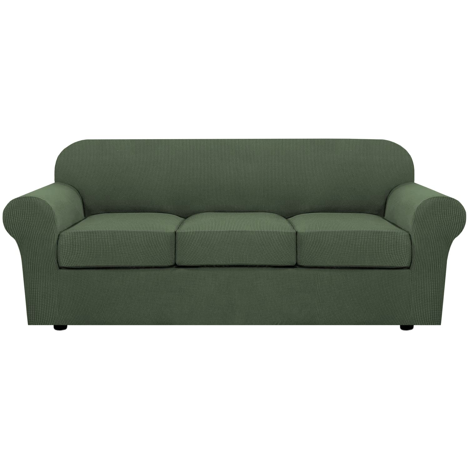 H.VERSAILTEX 4 Piece Stretch Sofa Covers for 3 Cushion Couch Covers for Living Room Furniture Slipcovers (Base Cover Plus 3 Seat Cushion Covers) Upgraded Thicker Jacquard Fabric (Sofa, Bronze Green)