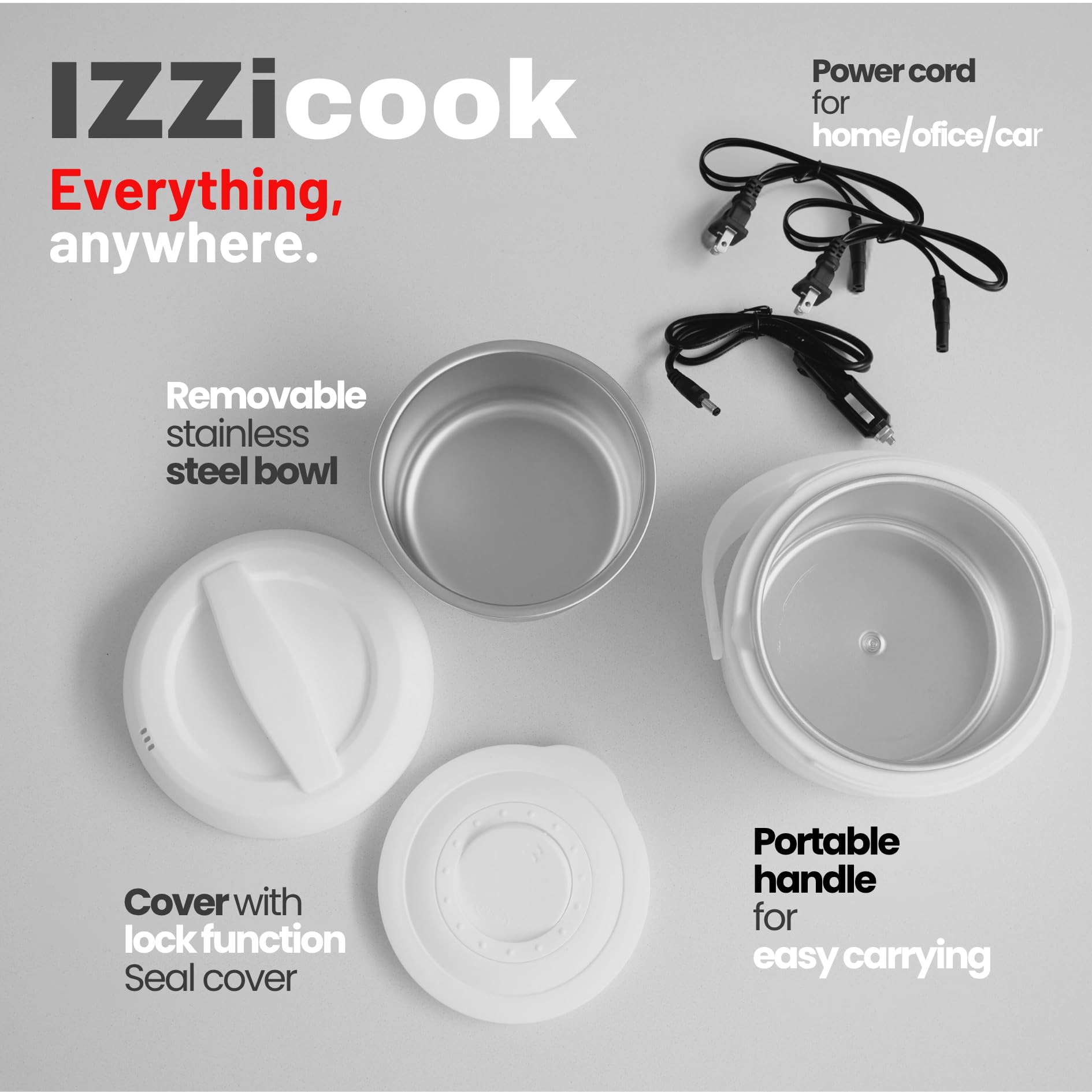 IZZi cook - Fiambrera calentadora para adultos, calentador eléctrico de 1.2 L y calentador de alimentos, solución de comida portátil para oficina, viajes y escuela con tapa a prueba de fugas y