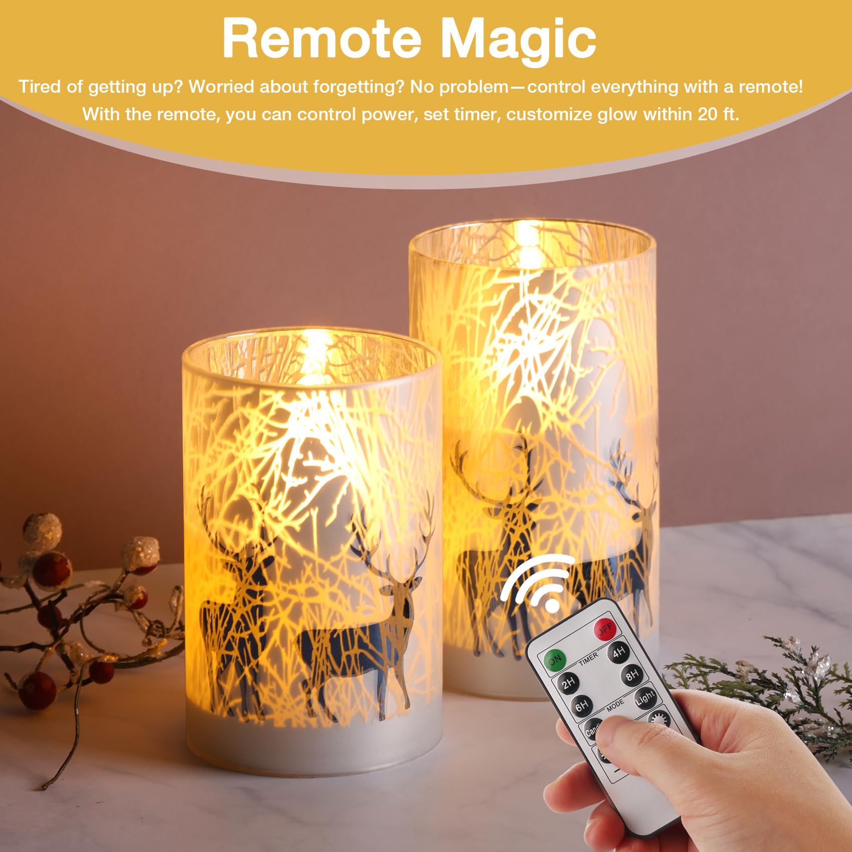 Eywamage Set di 2 candele natalizie in vetro senza fiamma, con telecomando, a batteria, a LED, a forma di renna