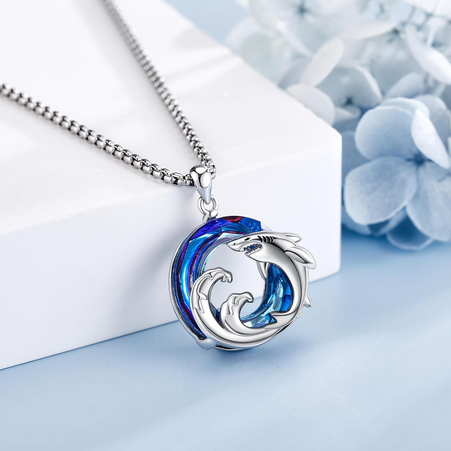 Shark Necklace 925 Sterling Silver Blue Crystal Shark Pendant Necklaces Ocean Jewelry Gift for Women Shark Lovers - Image 2