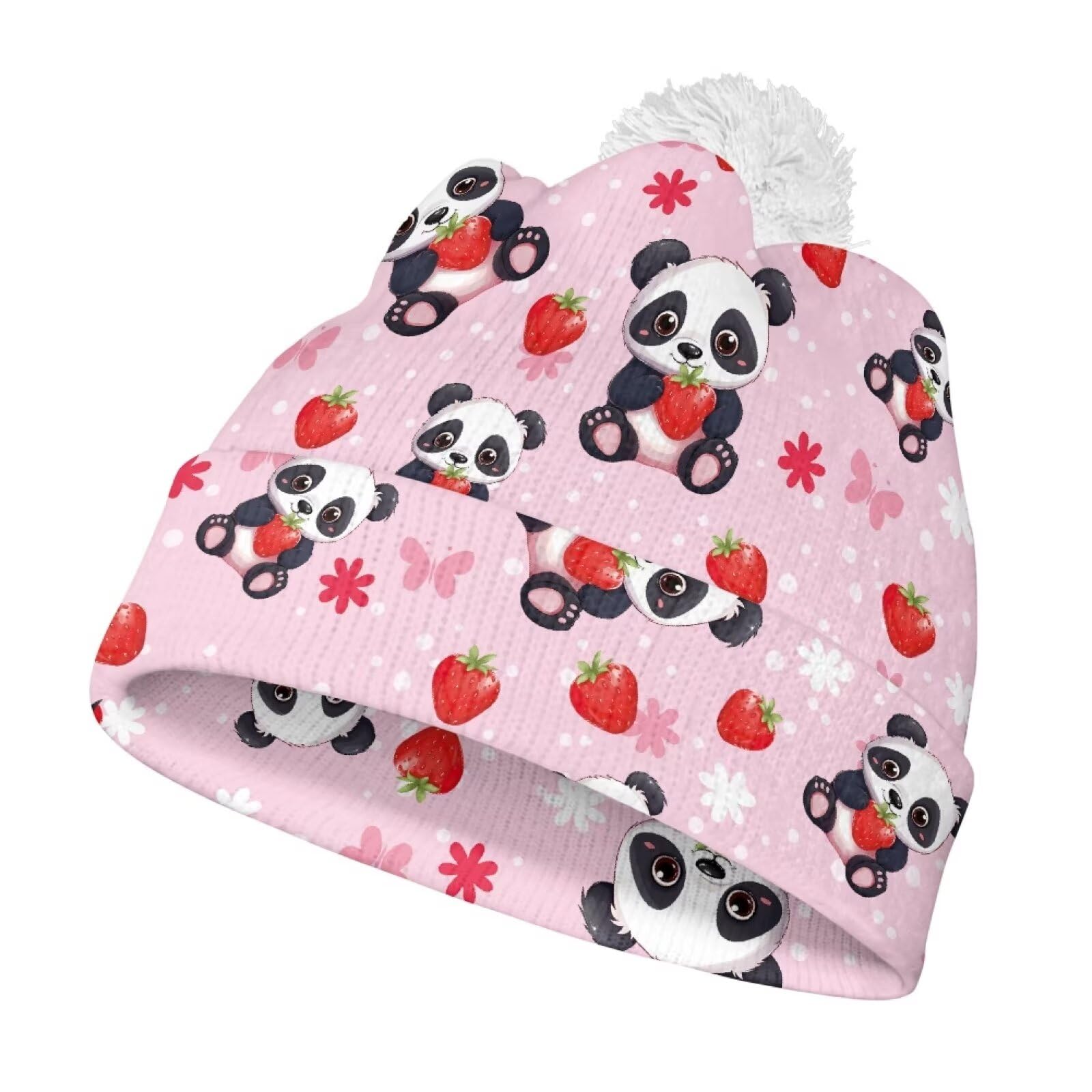 Hechitok Panda Strawberry Beanie Hat Girls Boys Winter Hat Pom Knit Hat Beanies with Ball at Top Winter Pom Cap with Cuff for Active Workout, White Ball