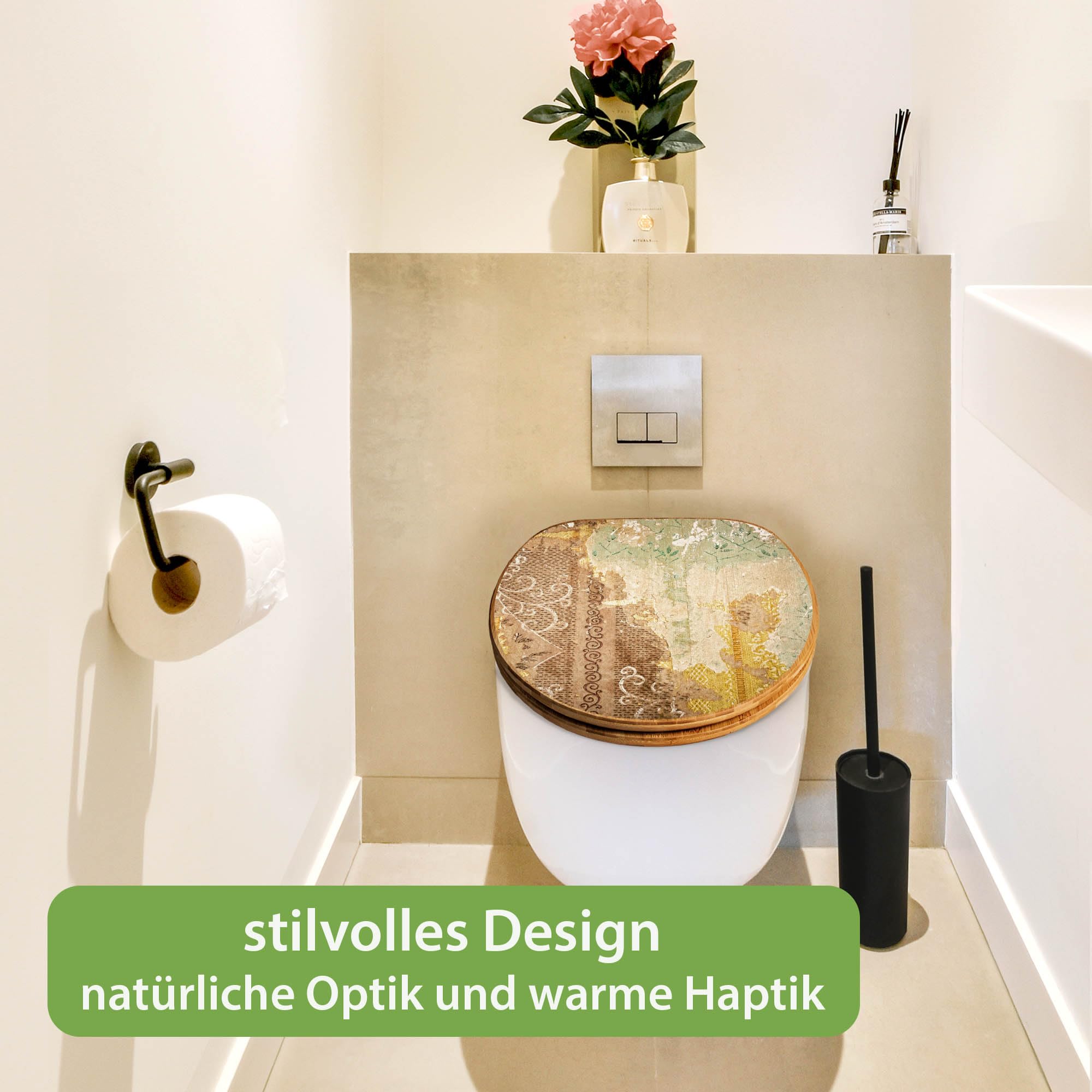 banjado Design WC Sitz Bambus Absenkautomatik 45,8x37,5cm - Toilettendeckel mit Absenkautomatik Holz - hochwertiger Bambus Klodeckel - WC-Sitz für gängigen Toiletten - Motiv Alte Tapeten