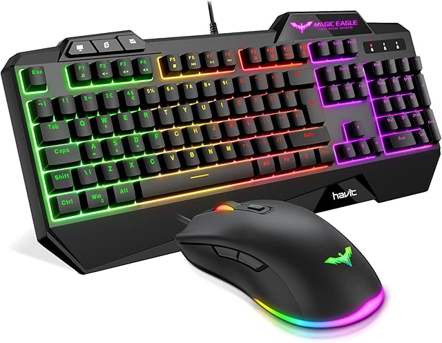 Gaming Keyboard {UK Layout}, HAVIT Rainbow LED Backlit Wired Keyboard and Right-Handed Mouse Combo Set, Black