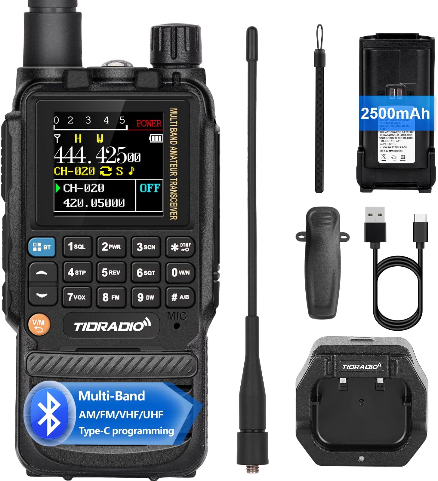 TIDRADIO TD-H3 Ham Radio,APP/Web Bluetooth Programming, 8-Band-Air Band, Freq Copy, DTMF, NOAA Weather, 2500mAh, Long Range Walkie Talkies, Two Way Radio Communication for Emergency Camping-1Pack