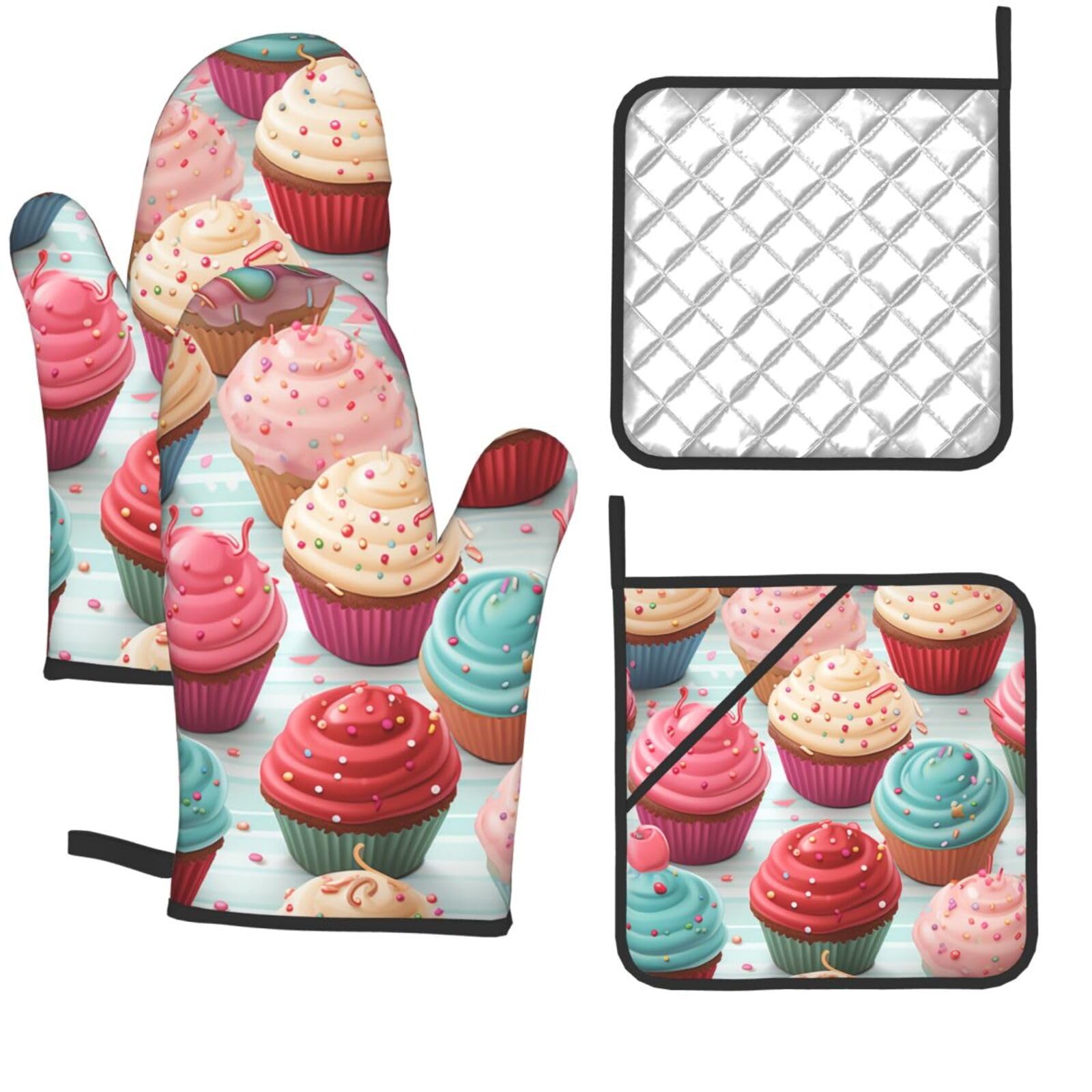 4 Pcs Oven Mitts and Pot Holders Set Kitchen Oven Gloves Heat Resistant Potholders Non-Slip Hot Pads Colorful Sweet Lollipop Cupcake Donut Oven Mits for Cooking Baking Grilling