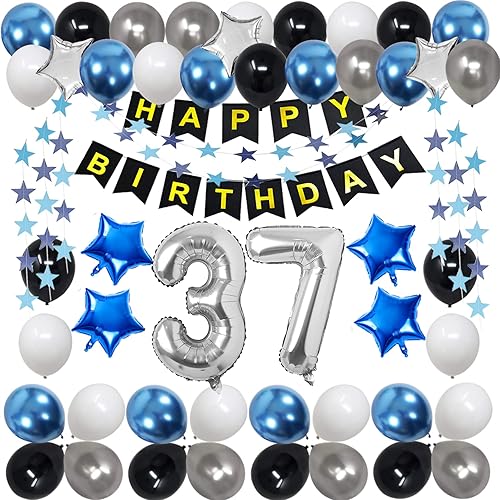 RBYOO Decoraciones de cumpleaños 37 para hombres y mujeres, globos de fiesta de cumpleaños azul y negro feliz 37 incluye globos número 37 para RBYOO Decoraciones de cumpleaños 37 para hombres y mujeres, globos de fiesta de cumpleaños azul y negro feliz 37 incluye globos número 37 para
