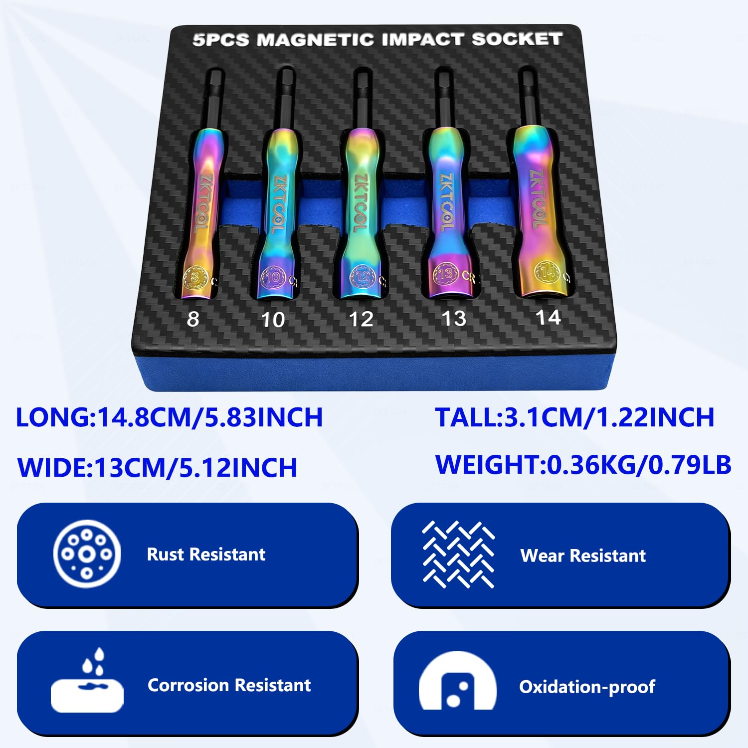 ZKTOOL 5 Pezzi Set di Bussole Magnetiche a Impatto | Adattatore per Bussola per Cacciavite con Attacco Esagonale da 1/4", Bussola da 8-14 mm con Molla Retrattile Integrata