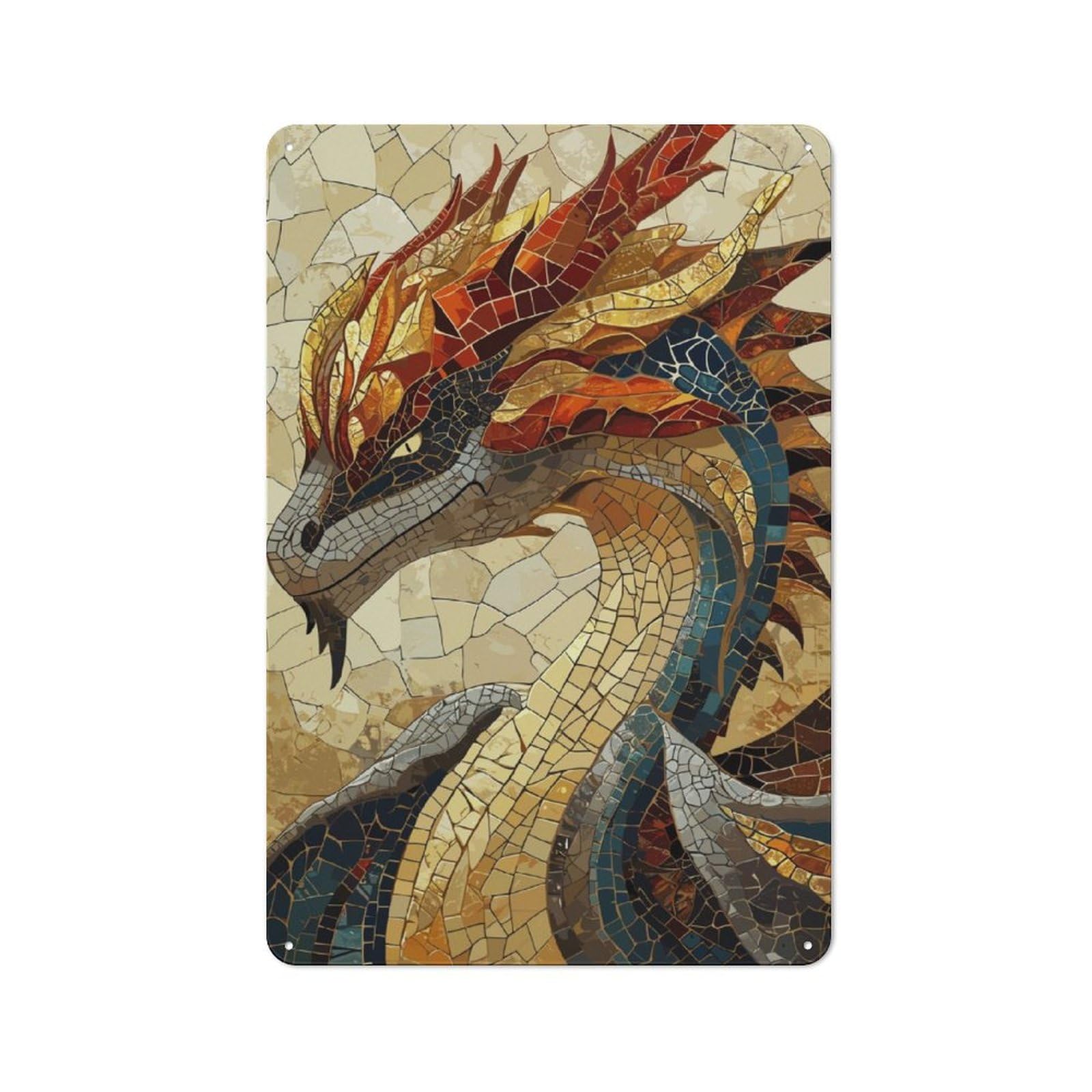Junmoney Dragon Mosaic Printed Metal Sign For Pet Owners, Birthday, Christmas Or Housewarming Gift, 30X20cm
