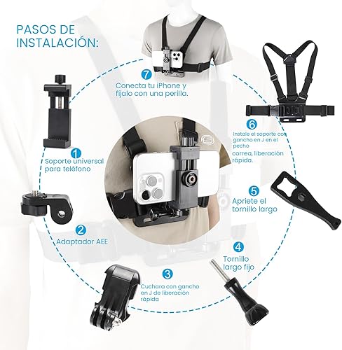 Miniatura 6 de PellKing Kit de soporte de correa de pecho para teléfono móvil para POV/VLOG, clip de teléfono celular compatible con iPhone, Samsung, GoPro Hero 9,