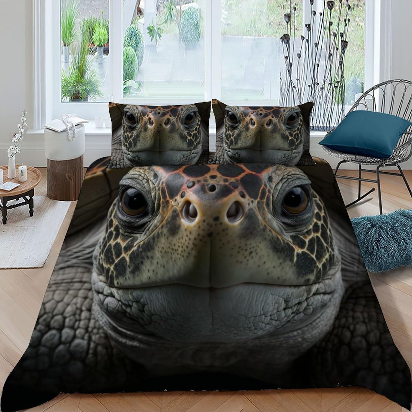Ensemble literie tortue 3 pièces 220x240cm adulte avec taies d'oreiller zippées