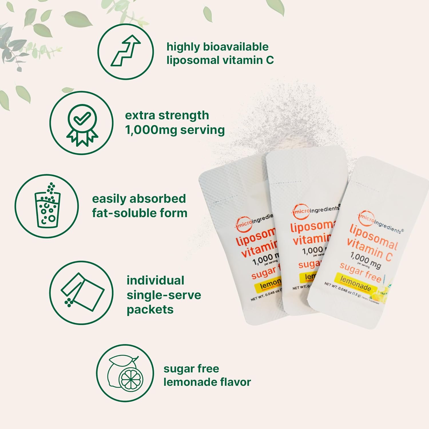 Micro Ingredients 1,000mg Vitamin C Powder for Daily Use | Liposomal Fat-Soluble Form for Better Absorption | Sugar-Free Lemonade Drink Mix | 40 Travel Packets, Fast-Dissolving - Image 4